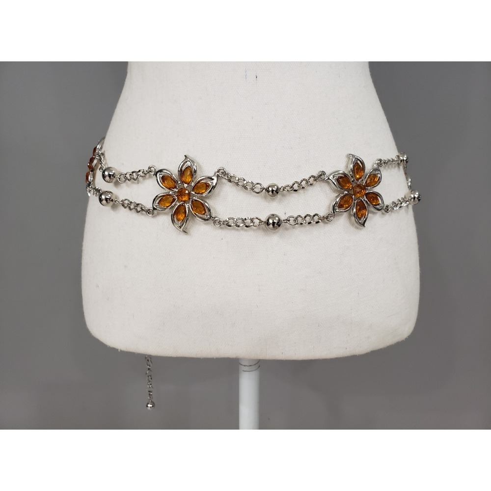 Vintage Y2K FLOWER LOTUS ORANGE RHINESTONE SILVER CHAIN BELT 90s 2000s